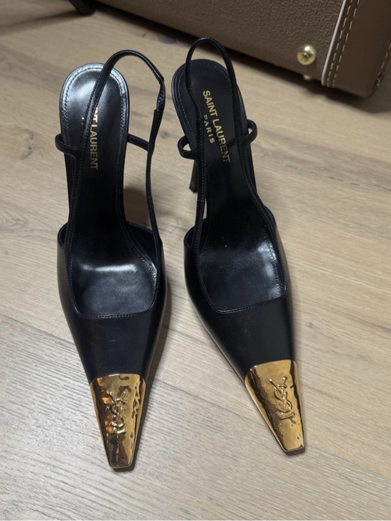 Saint Laurent Shoes - 24hr sale-Saint Laurent Jeanne Black Slingback Heels Gold Metallic Toe Logo 38.5
